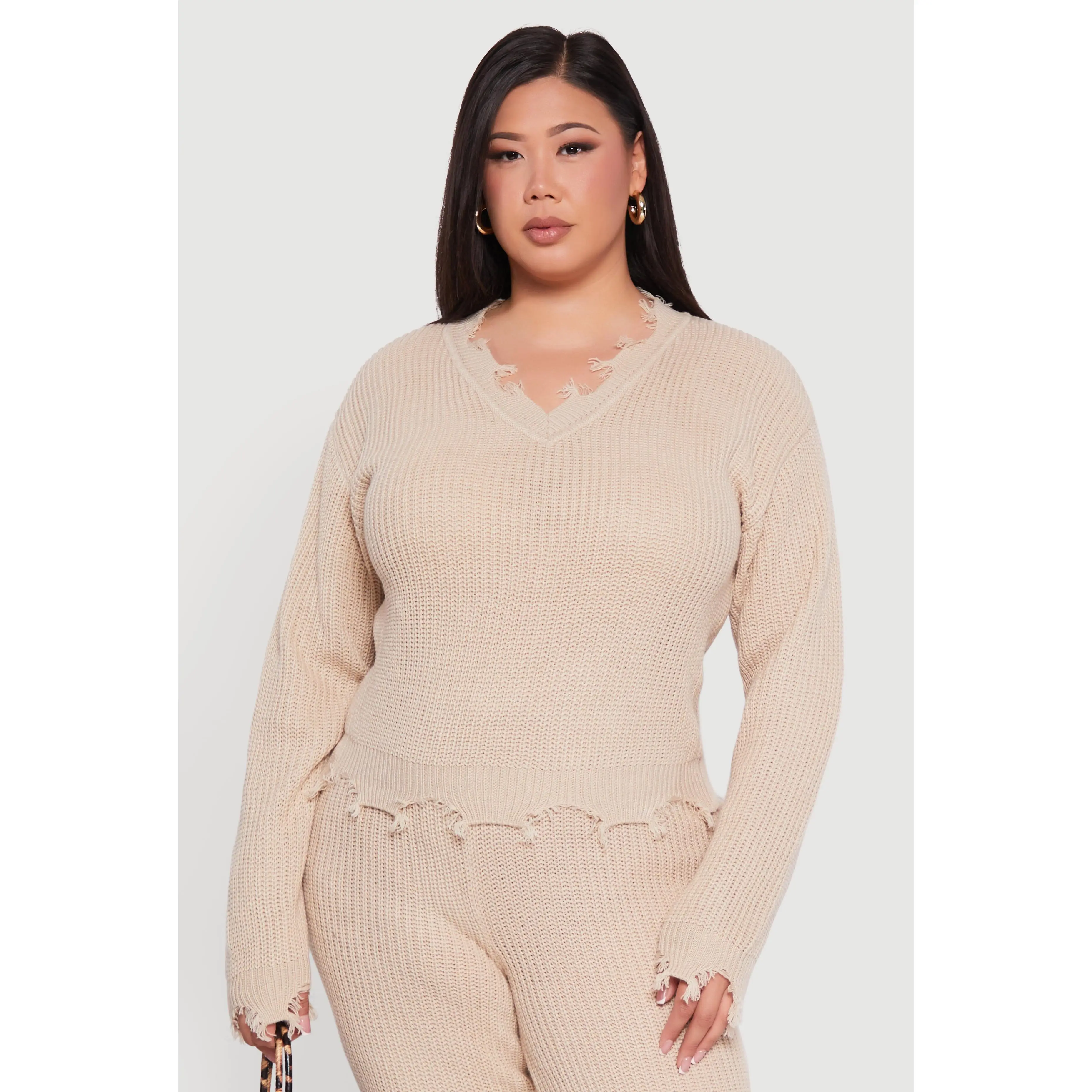Plus Size Crochet V-Neck Frayed Sweater