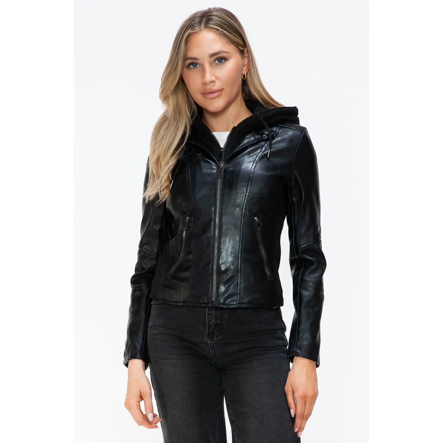 Snobbish Faux Leather Zip Up Drawstring Hooded Jacket