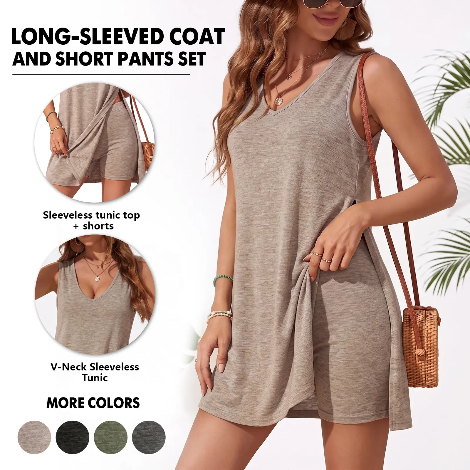 Women's 2-Piece Knit Casual Set - Sleeveless V-Neck Side Slit Tunic Top & Fitted Matching Shorts, Aesthetic, Lightweight, Minimalist, Comfortable Athletic Wear for Tropical Beach, Outdoor Resort, 2 Pcs Set Chic