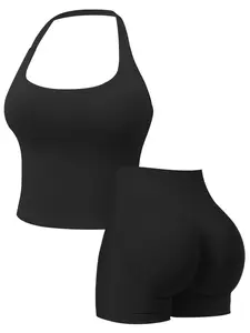 Two-Piece Set Women's Solid Color Halter Top & High Waist Shorts Sports Set, Sporty Breathable Quick Drying Outfits for Yoga Gym Workout Running, Ladies Sportswear for Summer, Yoga Activewear