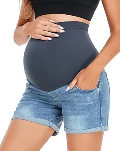 HOFISH Womens Maternity Jeans Shorts Over The Belly Stretchy Comfy Denim Pants Casual Workout Pregnancy Shorts