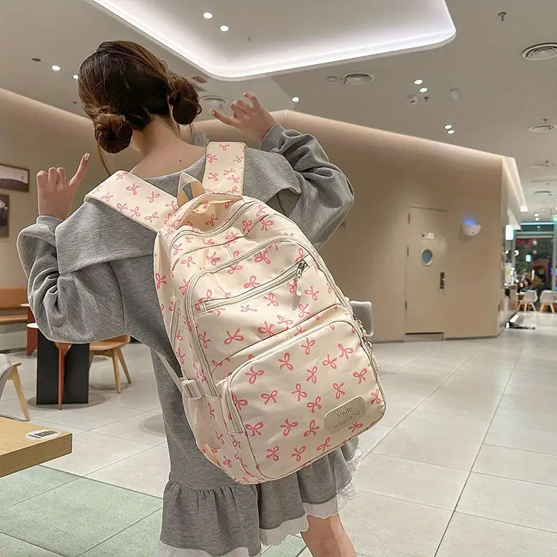 Girls' 3-in-1 Backpack Set with Elegant Playful Bow Pattern - Lightweight Laptop Bag with Multiple Compartments, Includes Crossbody Bag & Pencil Case, Soft Everyday Campus Backpack