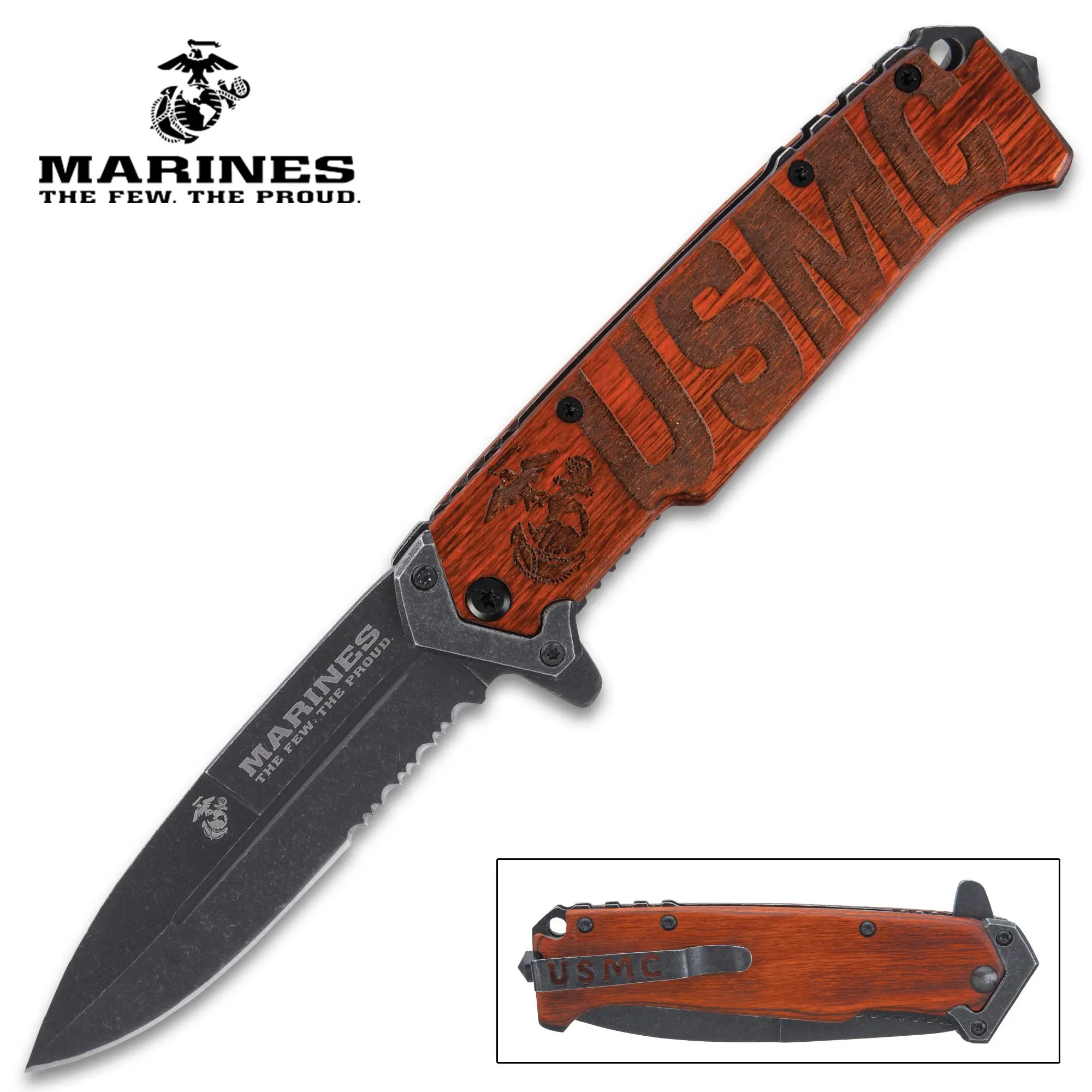 USMC Beachhead Pocket Knife, Outdoor Survival Gear, Unisex Compact Design, Stainless Steel Blade, Wooden Handle With Glass Breaker