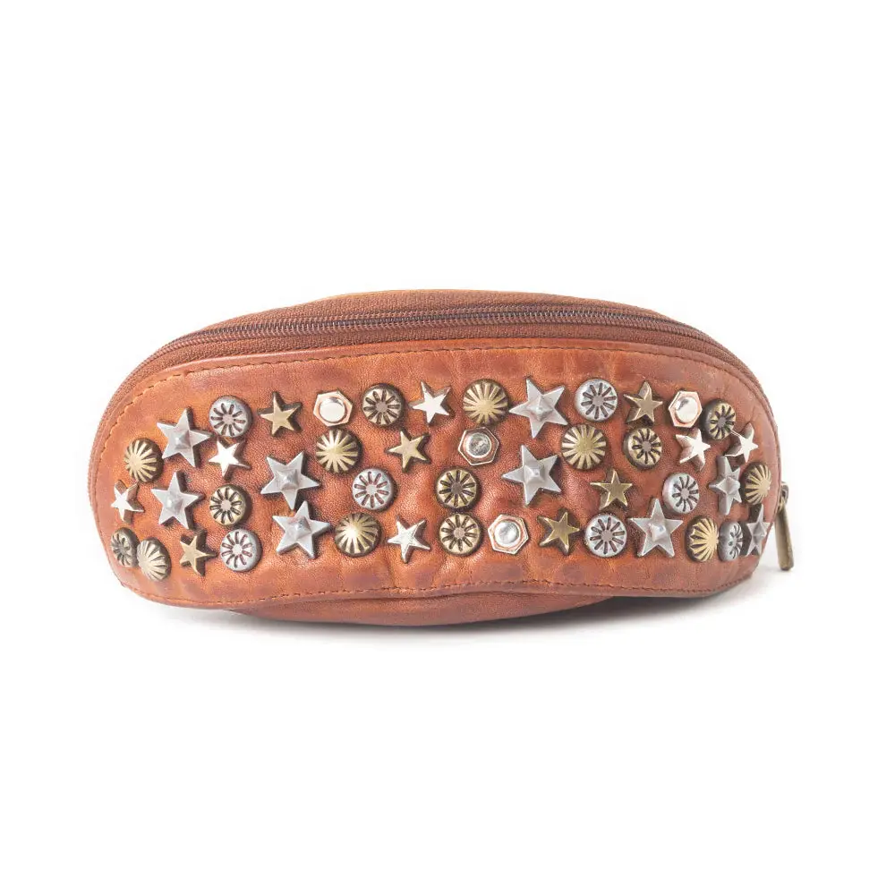 Myra Live Eclipse Charm Leather Eyewear Case - Unisex Half-Moon Southern Soul Design, Metallic Star Stud Constellations, Gold Clipper, Glamorous Rugged Leather Collectible, Crescent Protector for Casual Wear Shades, Collectibles, Studded With Starry Charm