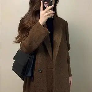 Suit Collar High-End Wool Coat for Women, Autumn and Winter Over-the-Knee Mid-Length Woolen Jacket