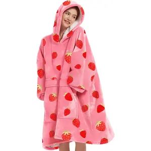 Wearable Blanket Hoodie for Adults Sherpa All Patterns Oversized Sweatshirt Blanket with Pockets Cute Birthday Gifts for Sister Strawberry