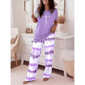 Two-Piece Set |   Round Neck Cross Printed Top Short-Sleeved |   Gradient Wide-Leg Pants Casual Loose Outfit