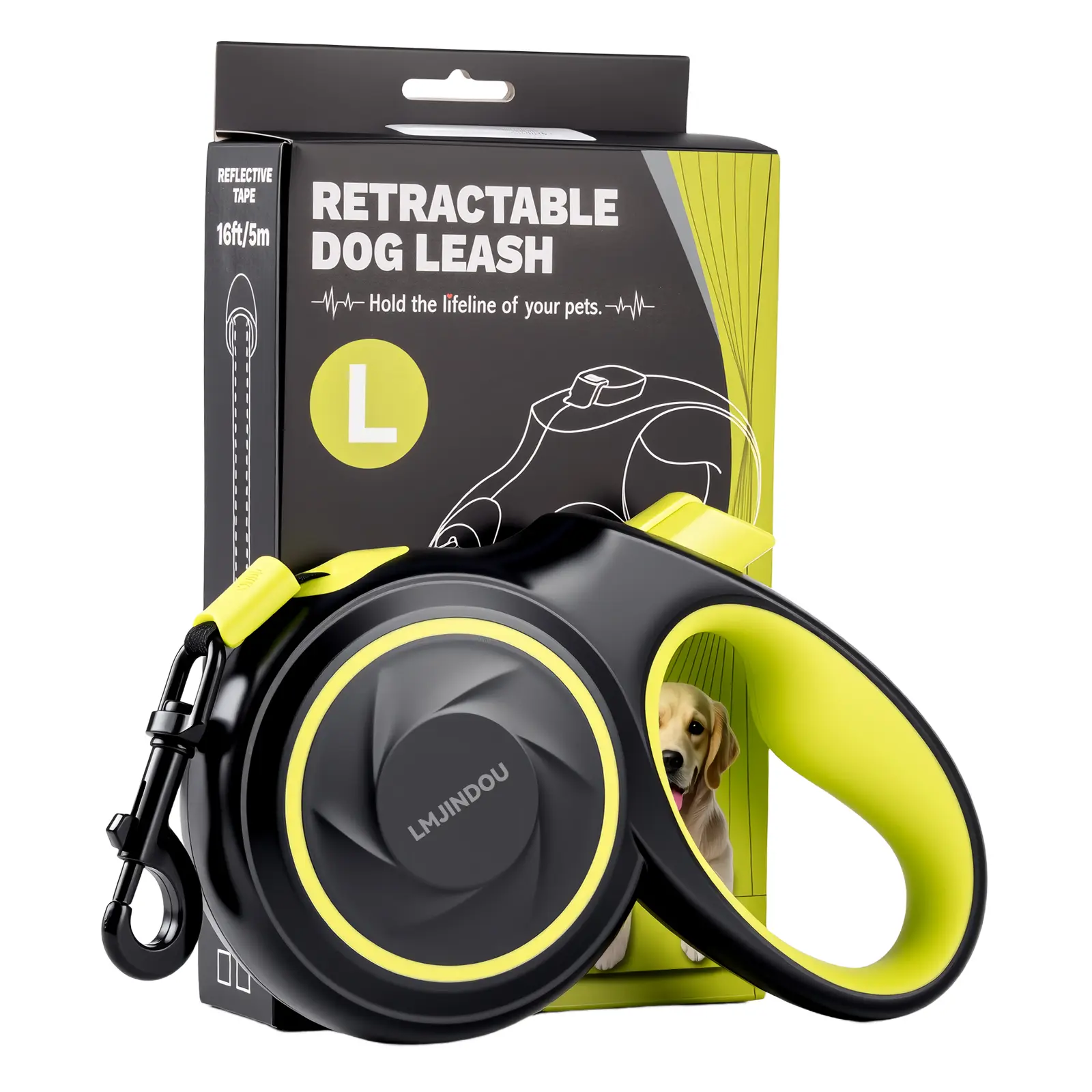 LMJINDOU 16.4ft Automatic Retractable Dog Leash - Heavy-Duty, Anti-Tangle, Reflective, Click Brake, Ergonomic 360° Swivel - For Medium & Large Dogs