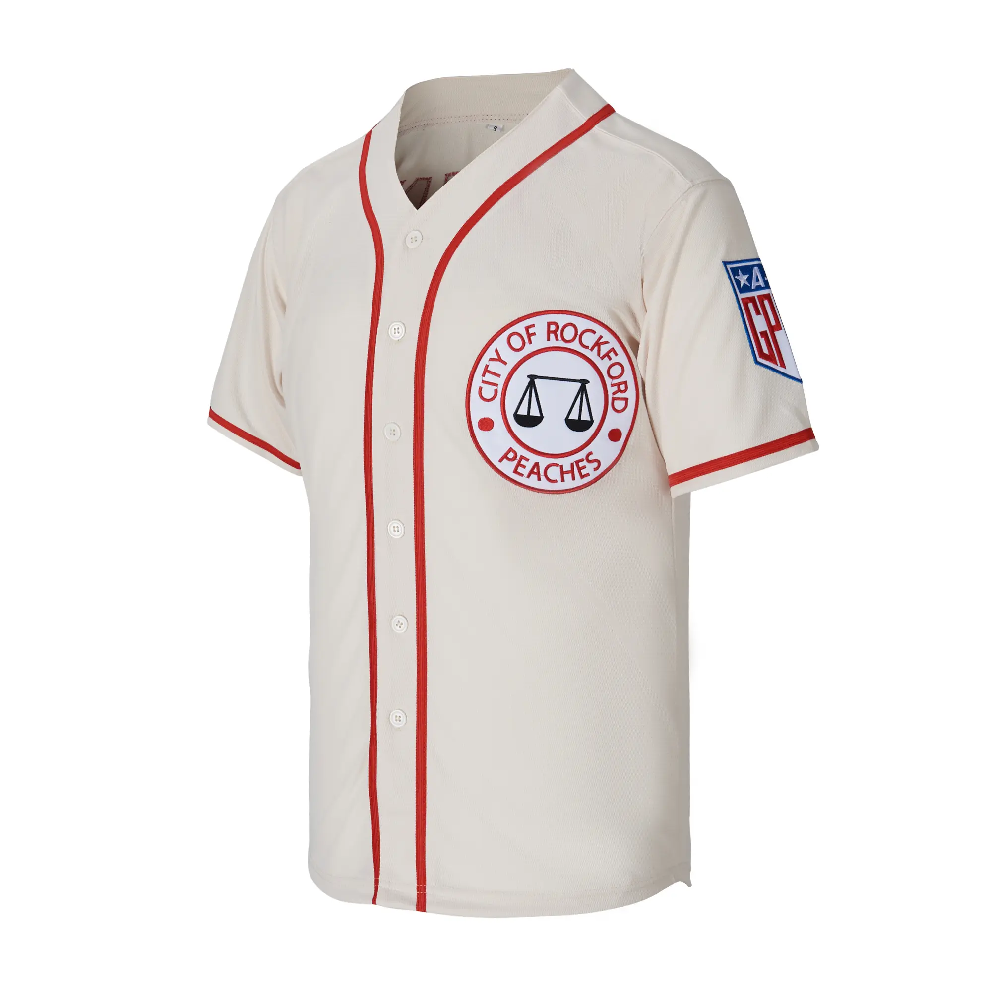 Men's Rockford Peaches Baseball Top, A League of Their Own Movie Replica, Stitched Polyester Button-Down Athletic Active Tops, Jersey