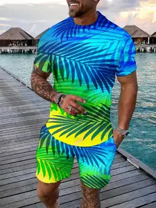 Men's Short Sleeve Crop Top Set, Matching Geometric Pattern Design, Breathable Knit Fabric, Casual Fashion Style, Perfect for Daily Wear & Sports