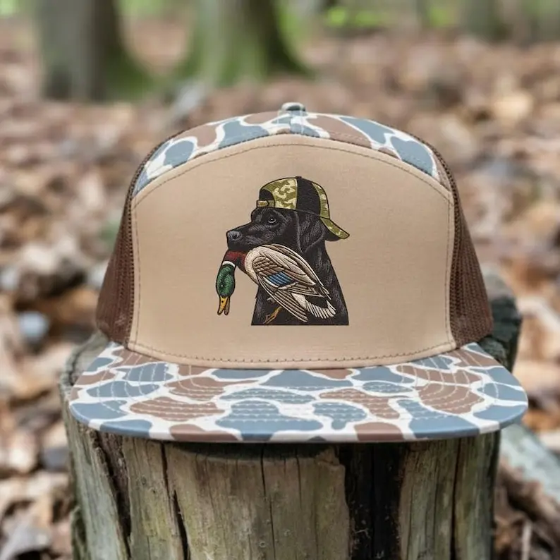 Black Lab Duck Hunting Hat, Retriever Camo Flatbill Trucker, Waterfowl Hunting Snapback, Gift for Lab Owners & Hunters Cheyenne