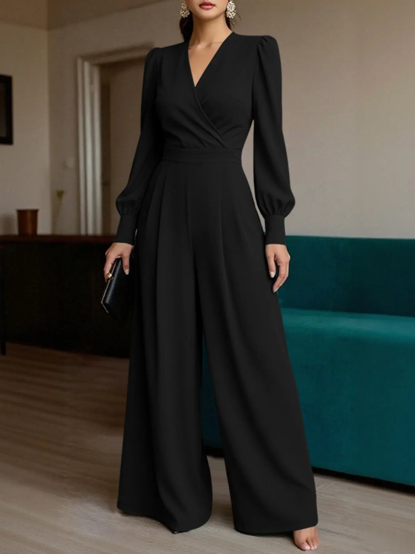 Women's Casual Chic Elegant Basic Solid Color Jumpsuit, Womenswear, V Neck Long Sleeve Cross Slit Design, High Waist Wide Leg Pants, Perfect for Daily Fit