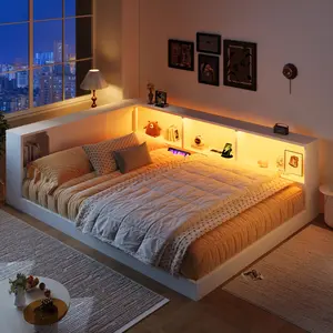 Queen Size Daybed Frame with Storage Shelves, USB and LED, Wood Platform Bed Frame, White