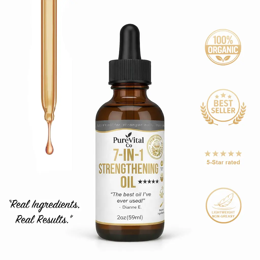 PureVital Co - Natural Strengthening Oil For Visibly Smoother, Stronger Hair, Natural Collagen Boost, Controls Hair For Up To 72 Hours, Crafted with Ayurvedic Herbs for Split Ends & Dry Scalp Treatment Encouraging Longer,Thicker Hair (2 Fl Oz) Hair Oil