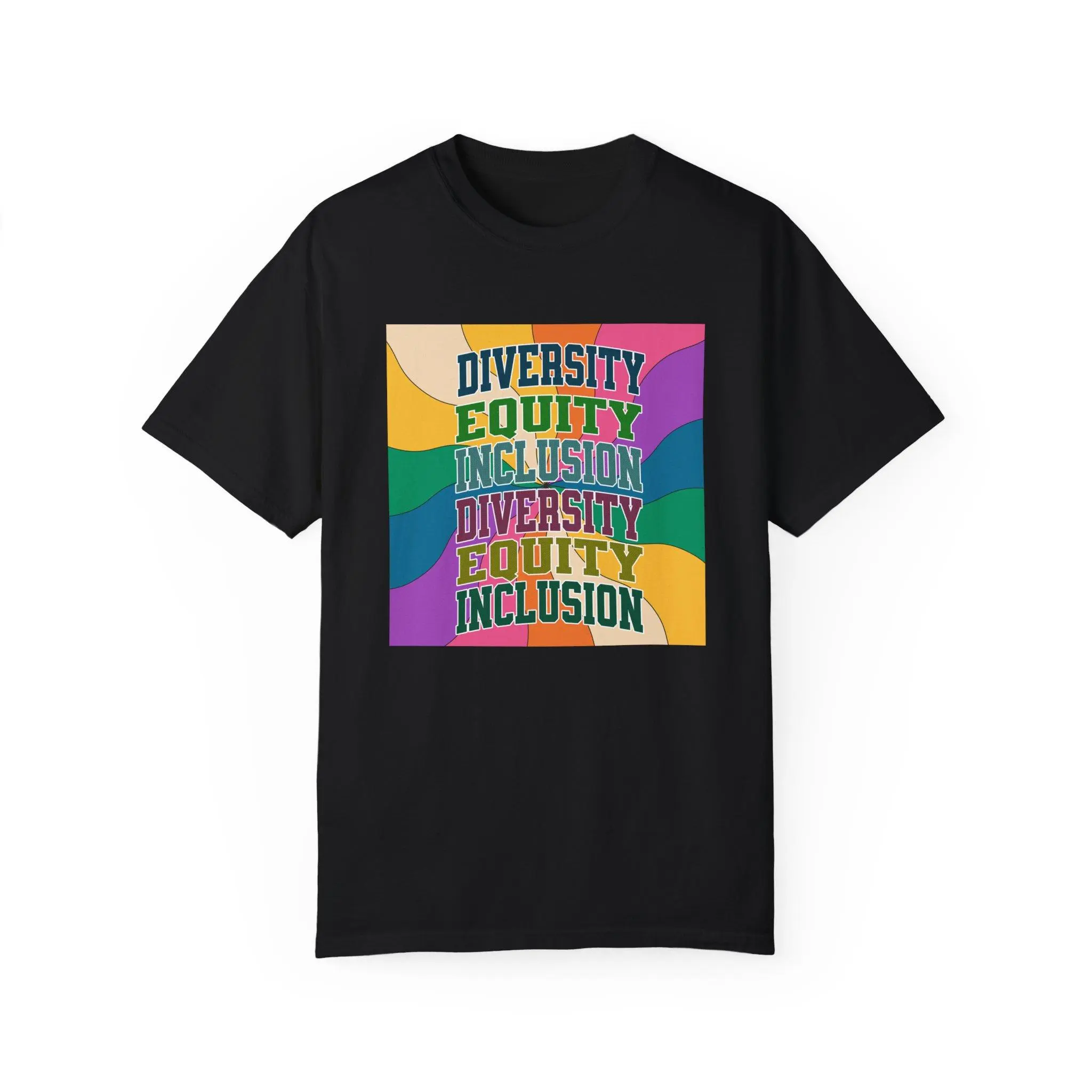 Retro Groovy DEI Graphic T‑Shirt, Diversity Equity Inclusion Colorful Wavy Background Casual Crew‑Neck Top Menswear T-Shirt Unisex Classic Fabric School Stylish Tee Man