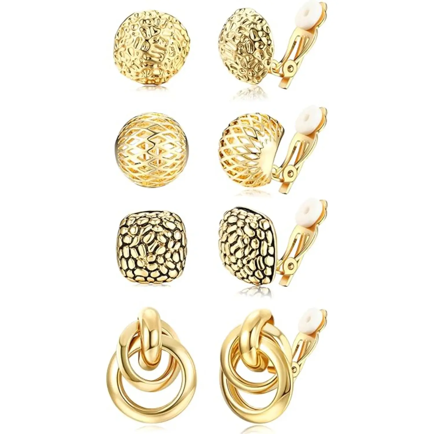 ORAZIO Women's 4Pairs Clip-On Earrings Set Gold Silver Chunky Teardrop Twist Round Stud No Piercing High-Quality Alloy Ear Clips for Any Occasion
