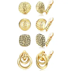 ORAZIO Women's 4Pairs Clip-On Earrings Set Gold Silver Chunky Teardrop Twist Round Stud No Piercing High-Quality Alloy Ear Clips for Any Occasion