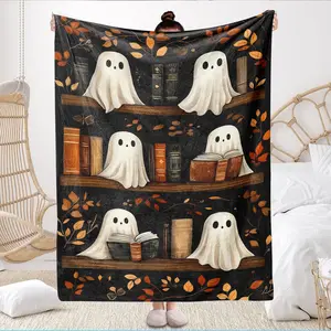 Cozy Flannel Reading Blanket with Vintage Book & Ghost Pattern, Perfect Gift for Book Lovers, Librarians, Halloween Decoration