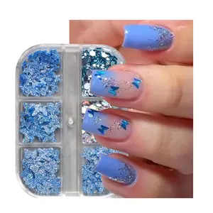 CHRISTMAS GIFT Blue Butterfly Nail Art Glitter Set – 6 Grid Mixed Butterfly & Hexagon Sequins, Sparkly Blue Glitter Flakes for Nails, DIY Manicure Decorations & Resin Craft Supplies
