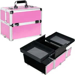 Ver Beauty Makeup Organizer, Cosmetic Travel Kit, Makeup Artist Supplies, 2 Sliding Trays, Lockable Storage Box, Makeup Train Case, Aluminum Case, Lightweight Makeup Vanity (Pink Stripe)