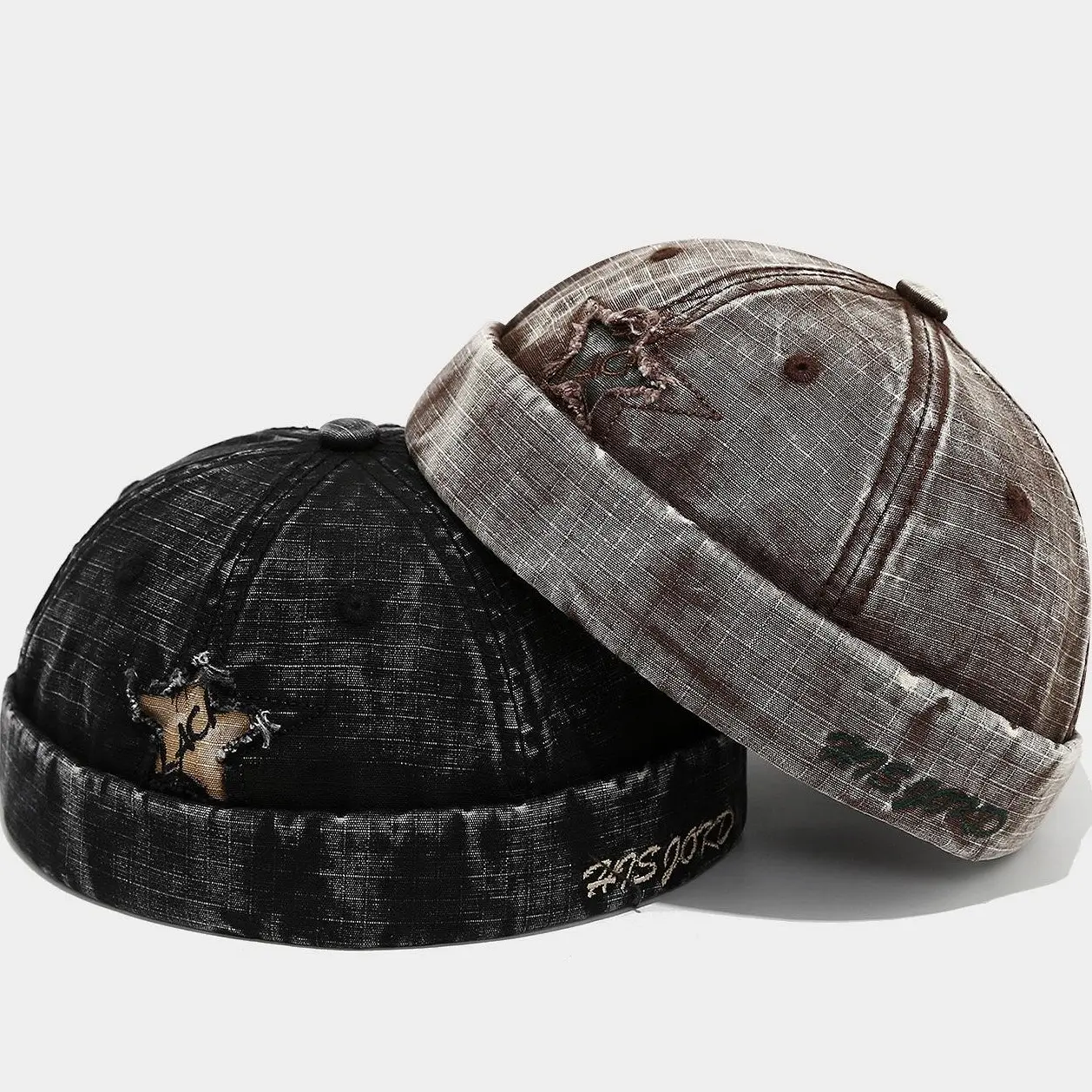 Retro Distressed Docker Cap, Unisex Washed Cotton Brimless Hat with Star Patch, Adjustable Headwear for Boys' Daily Commute, Authentic Retro Vibe, Camping, Girls, Music Festivals, One Size