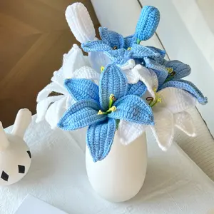 Loop & Bloom Handmade Knitted Cotton Crochet Flower Bouquet - Lily, Tulip, Blue Preserved Decorative Flowers without Vase, Gifts for Mom, Girlfriend, Home Decor Plants, Room Decor
