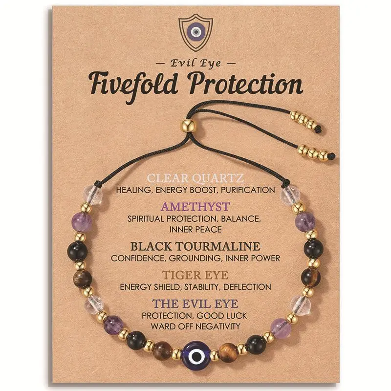 Virelyn Jewelry Evil Eye Dainty Bracelet – Natural Crystal Protection Bracelet with 5 Healing Stones (Clear Quartz, Amethyst, Black Tourmaline, Tiger Eye), Adjustable Spiritual Guardian Jewelry Gift with Meaning Card
