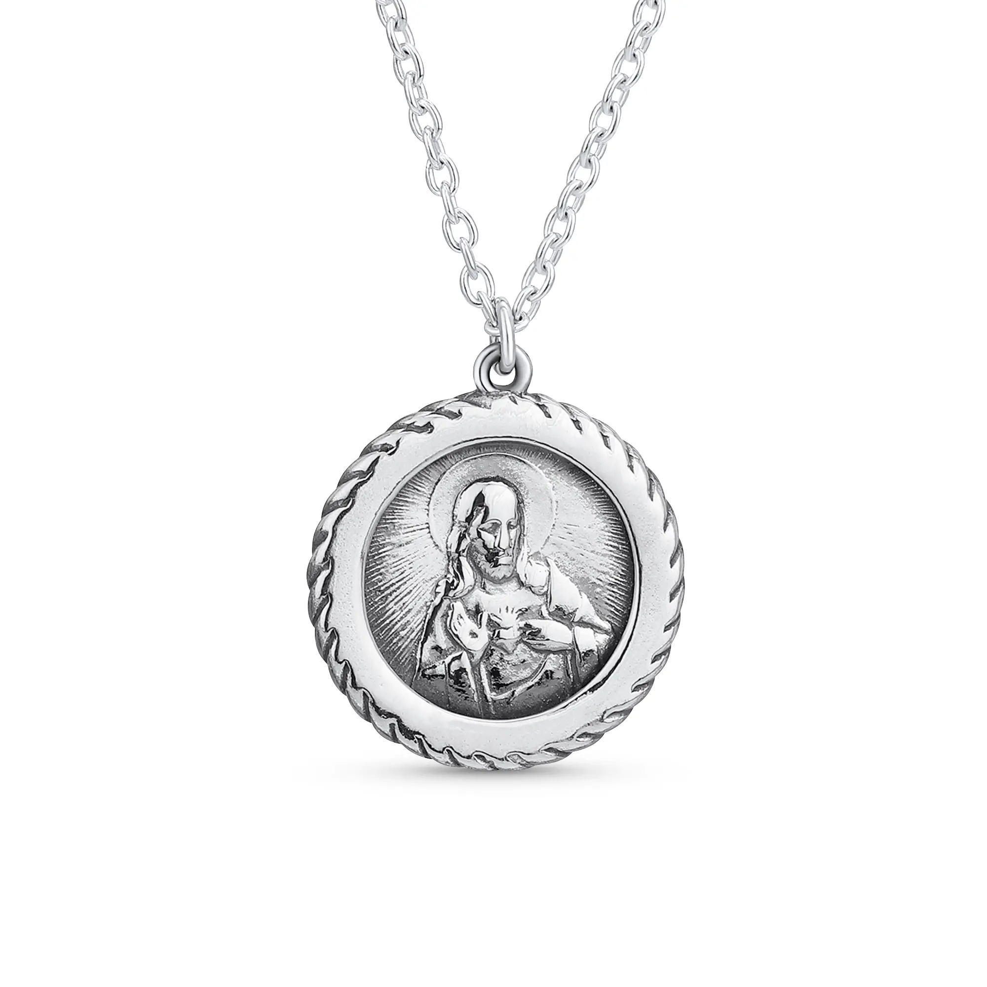 Prayer Jesus Medal Pendant Necklace Religious Medallion .925 Sterling Silver