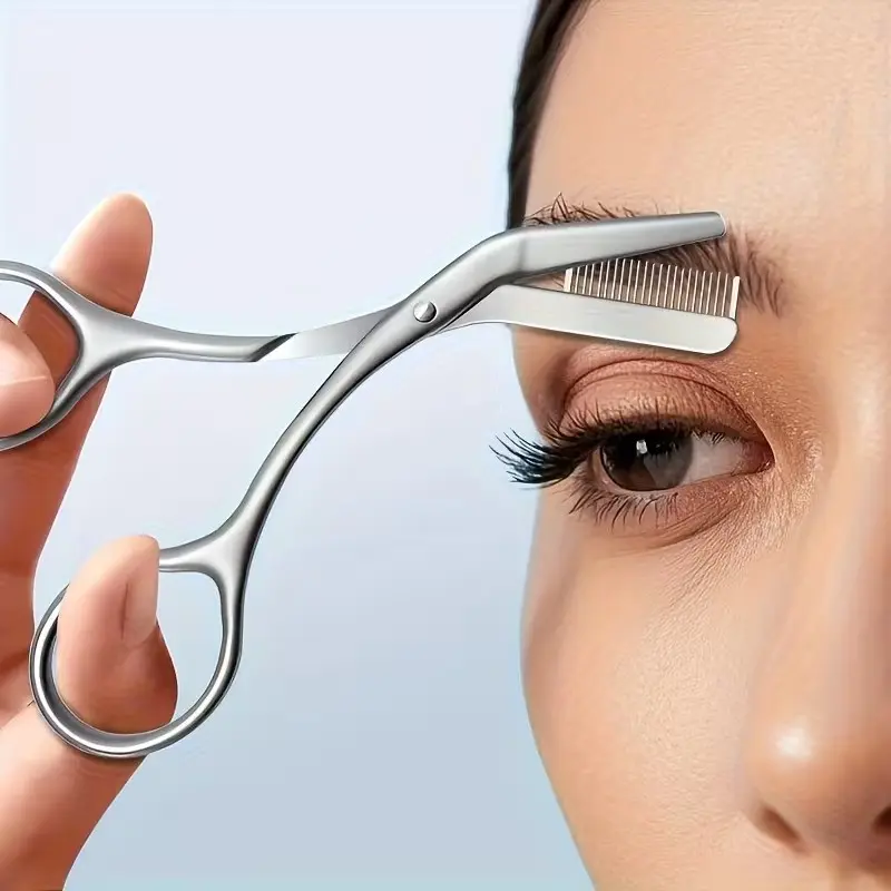 Professional Stainless Steel Eyebrow Scissors with Comb, Low Allergy Ergonomic Design, Unisex, Durable Metal Structure, Precision Trimming