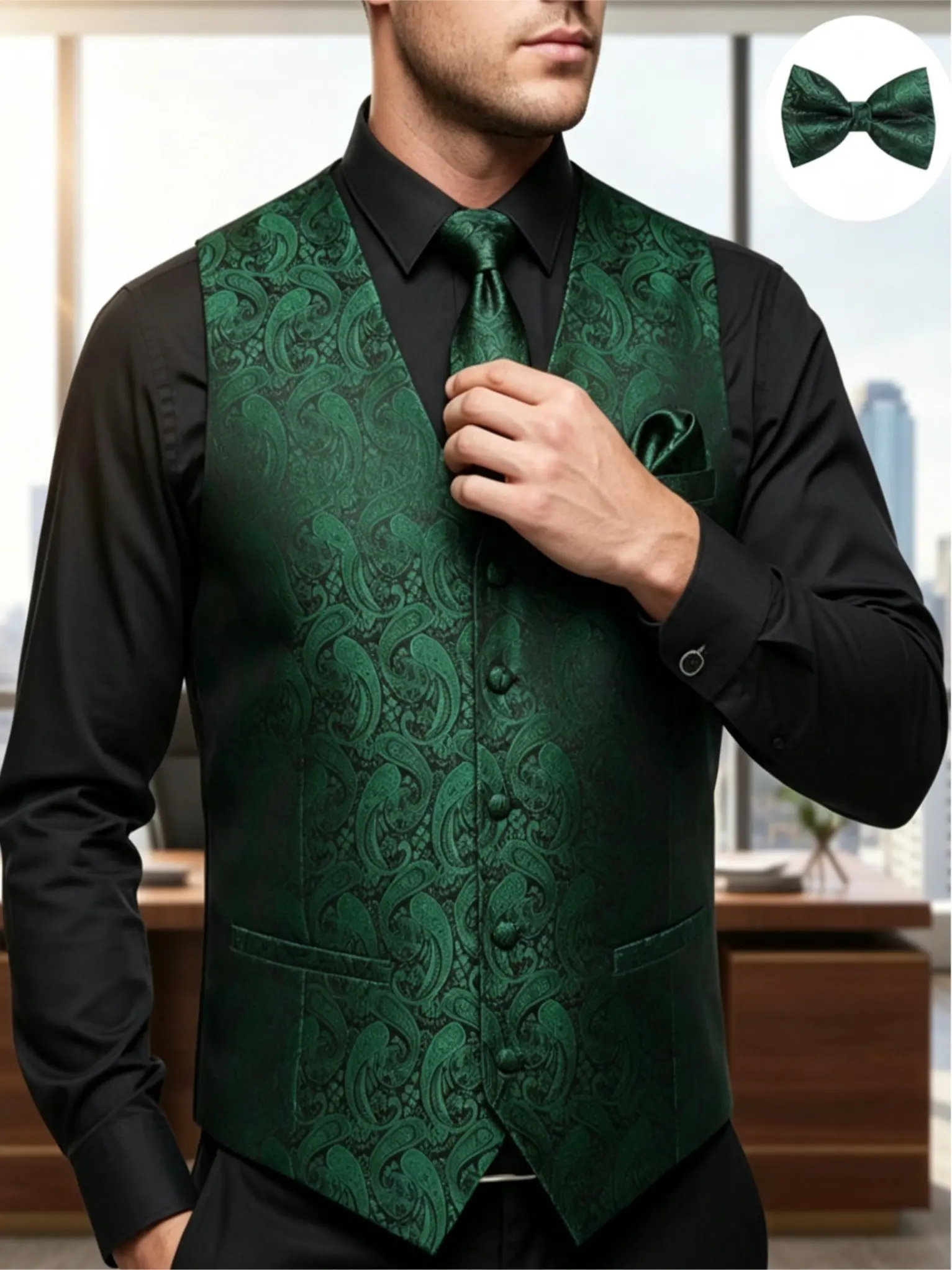 ALIZEAL Men's 5-Piece Sleeveless Paisley Jacquard Button-Down Waistcoat Set - Classic Formal V-Neck Tuxedo Vest with Matching Pocket, Tie, Textured Fabric for Wedding, Prom Nights