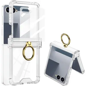 for Samsung Galaxy Z Flip 7 Case with Screen Protector Hinge Protection & Ring Holder Transparent All-Inclusive Shockproof Protective Cover (Full Clear)