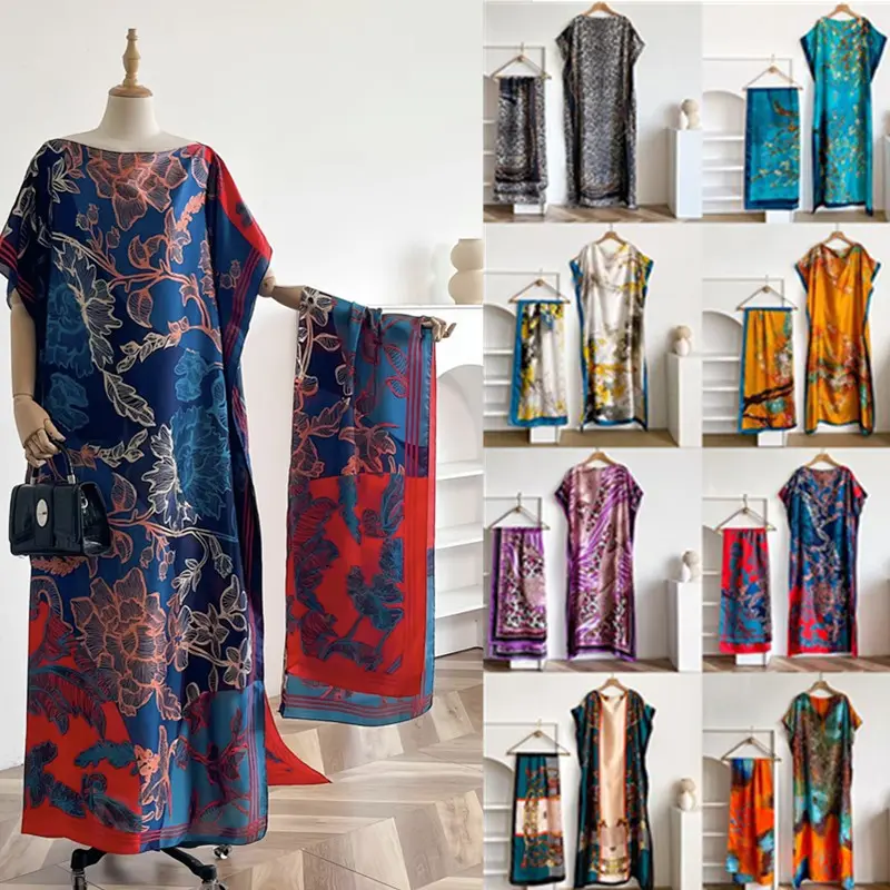 Women's Floral Print Long Dress  Scarf SetBoho Casual Shawl Dress Scarf Set for Beach Vacation Holiday Ladies Clothes for All Seasons