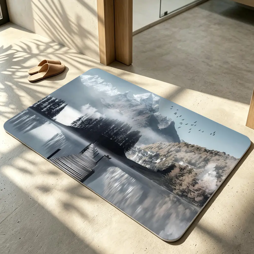Misty Mountain Lakeside Dock Fine Art Photography Door Mat, Realistic Scenic Water Reflection Area Rug, Non-Slip Washable Floor Mat for Entryway Living Room Decoration