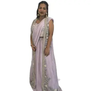 Lavender colored ready to wear saree with jacket