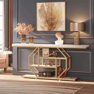 Extra TB-JW0478 70.9 in. Extra-Long Modern Gold Waterproof Behind-Couch Console Table, 4-Tier Storage, White Faux Marble Top
