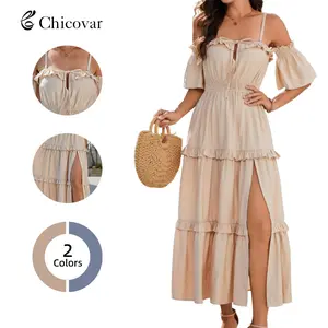 Chicovar Women's Off Shoulder Ruffle Maxi Dress with Side Slit, Removable Adjustable Straps, Tiered Flowy Summer Beach Dress
