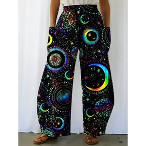 Lady's 100% Polyester Starry Sky Print Wide-Leg Fit Pants - Casual Machine-Washable Bottoms with Patched Pocket for Spring & Summer Women's Clothes