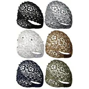 Women's 6-Piece Vintage Ethnic Floral Lacy Beaded Wide Headbands Set, Bohemian Elastic Accessory Kit, Assorted Colorful Beaded Embellished Hair Accessories for Daily Use, Party Gifts, Accessory Kit Headbands