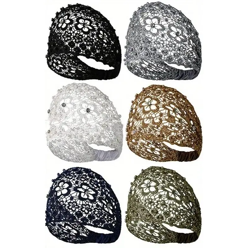 Women's 6-Piece Vintage Ethnic Floral Lacy Beaded Wide Headbands Set, Bohemian Elastic Accessory Kit, Assorted Colorful Beaded Embellished Hair Accessories for Daily Use, Party Gifts, Accessory Kit Headbands