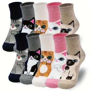 5/10 Pairs Women Thin Novel Cute Cat-patterned Sweat-absorbing and Breathable Mid-calf Socks