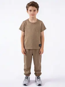 New Boys' Set Trendy Solid Color Round Neck Top Drawstring Pants 2-Piece Casual 1-8 Years, Loose Fit Striped Long Pants