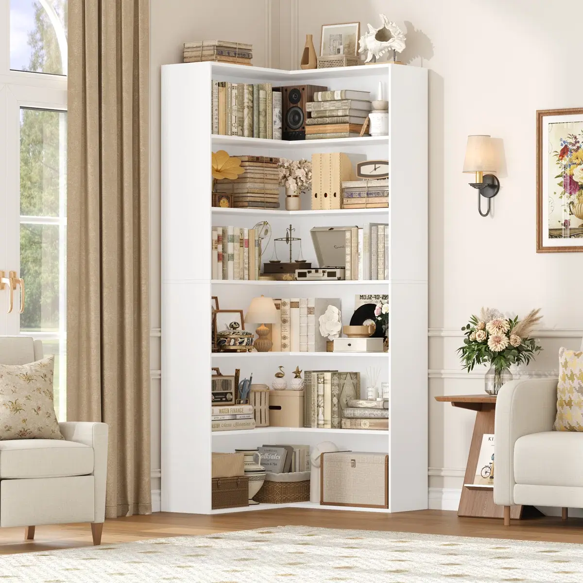 Corner Bookcase 6 Tier L-Shaped Bookshelf, 73.5" Tall Bookcase Shelf, L Shaped Bookshelf and Bookcase, 6 Tier Modern Bookshelf for Living Room, Home Office, Library, White