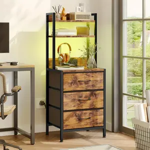 Bedside Table With Charging Station, LED Bedside Lamp With Built-in Power Outlet, 3 Fabric Storage Drawers, Integrated Bedside Desk And Bookshelf, Ideal For School And Dorm Room Storage, Brown