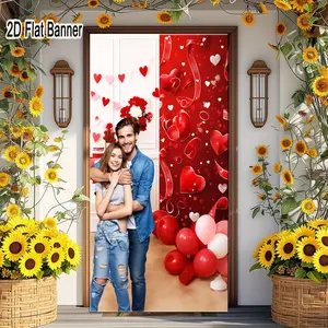 2D flat banner, 1pcValentine's Day Couple Backdrop, Red Pink Heart Garland & Balloons Decor for Romantic Festive Party, Denim Outfit Themed Love Celebration Setupgalentines party decor, valentine day decor, decorations for valentines day