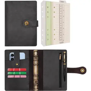 A6 Binder Journal Leather Spiral Notebook Refillable College Ruled Paper, Budget Binder Rings Diary Organizer with Pen for Office School Travel Business Planning Writing (Black,A6)