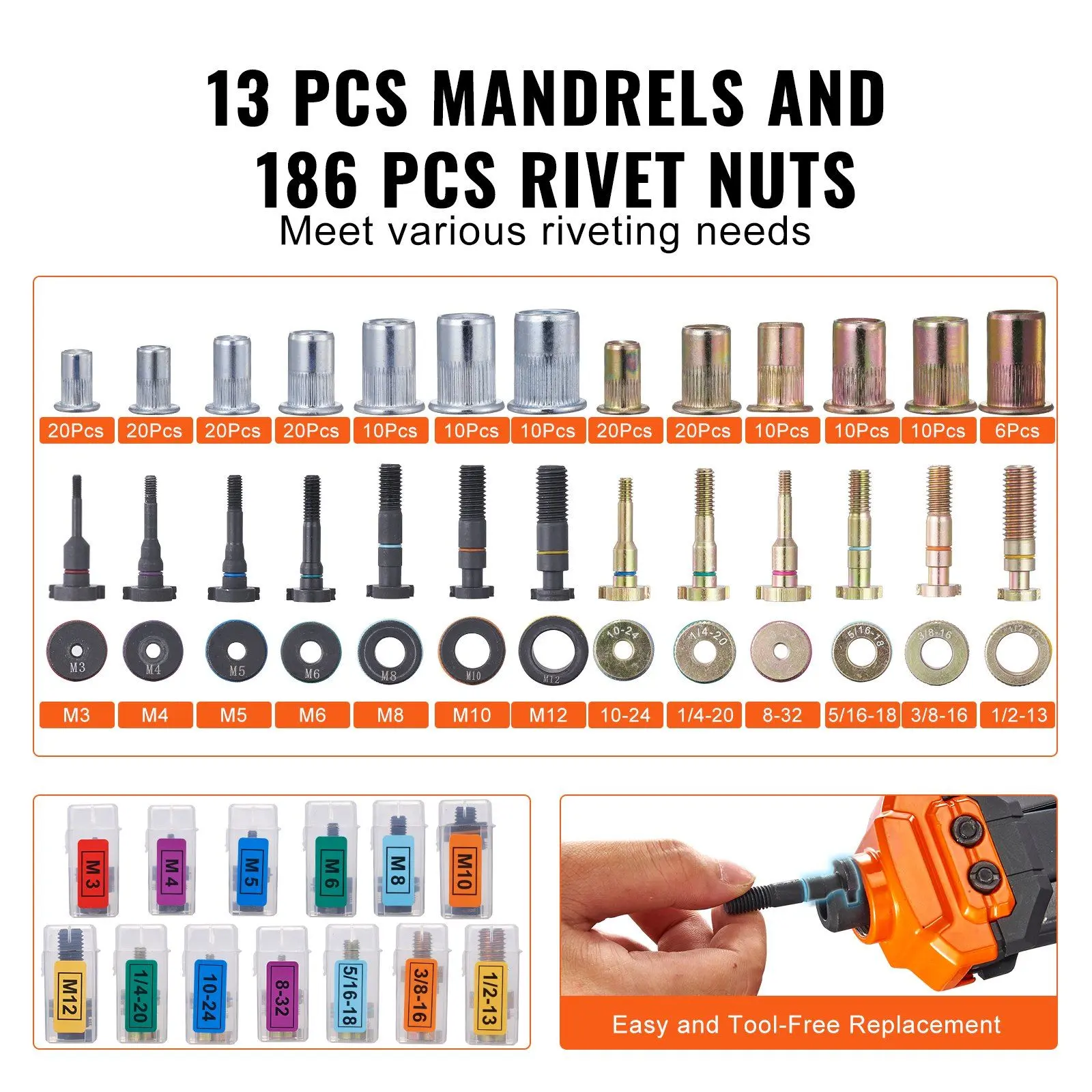 VEVOR Rivet Nut Tool, 16 inch Rivnut Tool Kit with 13PCS Metric and SAE Mandrels, 186PCS Rivet Nuts, Semi-auto Retraction, M3, M4, M5, M6, M8, M10, M12, 1/4-20, 5/16-18, 3/8-16, 1/2-13, 8-32, 10-24