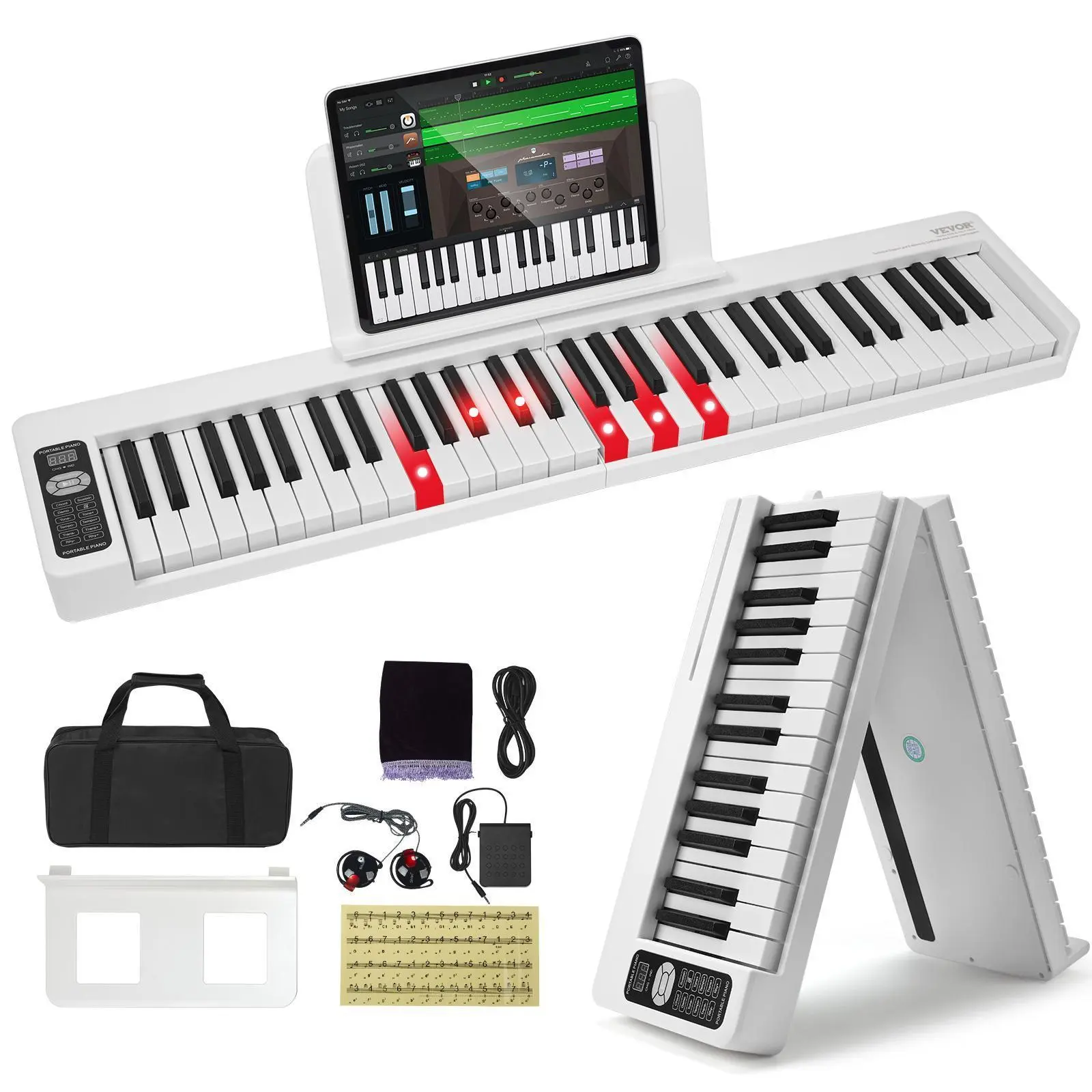 【Summerfinds】VEVOR 61 Key Folding Keyboard Piano,  , Bluetooth & MIDI, Portable Electronic Digital Foldable Piano with Sustain Pedal Touch Sensitive Lighted Keys Bag, Rechargeable for Beginners Teens Adults, White