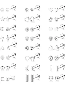 24 Pairs for Women Men Stainless Steel Stud Earring Cartilage Tragus Barbell Studs Rhinestone Inlaid CZ Ear Screwback Ear Piercings Jewelry Silvery Durable Lightweight Trendy