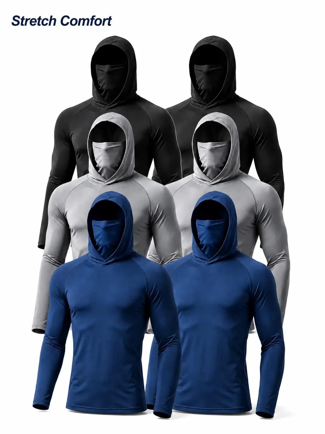 3/6 Pack Men's UPF 50+ Hooded Sun Shirts with Built-in Face Cover, Quick Dry Lightweight Stretch Compression Tops, Breathable Long Sleeve Athletic Wear for Fishing, Hiking, Running, Camping, Cycling & Work