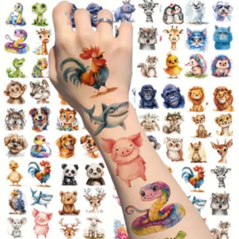 Animal Theme Party Tattoo Stickers, 10 Pcs Panda Snake Lizard Firebird Hippo Zebra Chimpanzee Designs, Temporary Body Art for Fun Parties, Birthday